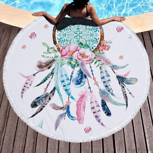 2018 European colorful flower Feather Hot Round Beach Towel Summer Vacation Holiday Seaside Shawl Towel Peacock Feather 150cm