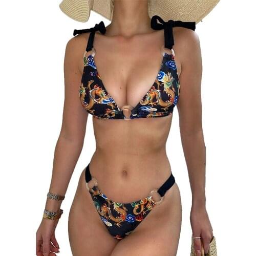 Dragon printed swimwear women Bandaged bathing suits Sexy ring bikini 2020 Two pieces swimsuit brazilian Micro bikini set print