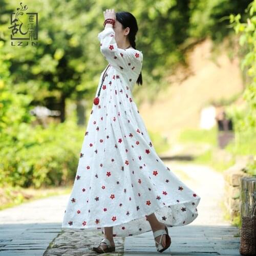 LZJN Sweet Embroidery Dress Autumn Women Long Dresses Mori Girl Maxi Dress High Waist Robe Long Tunic Cotton Gown 32242