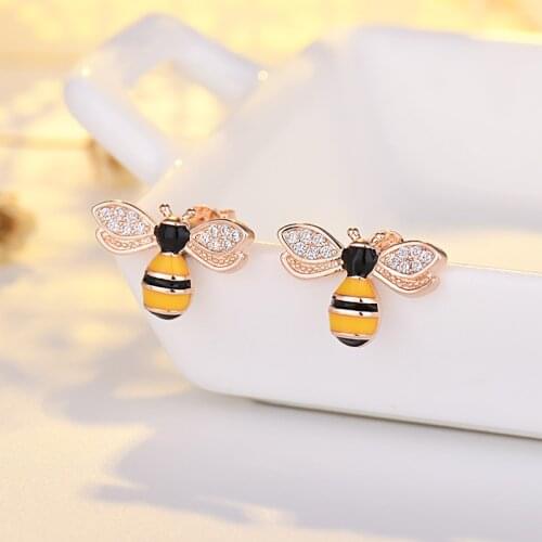 Cute Female Small Bee Stud Earrings Rose Gold Silver Color Wedding Earring Classic Enamel White Crystal Stone Earrings For Women
