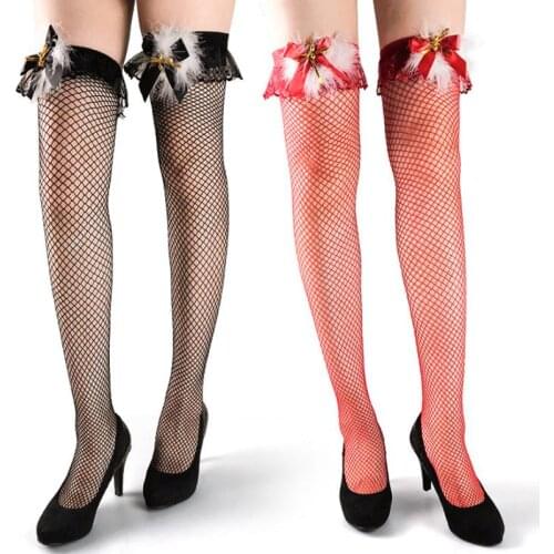 Fashion Woman Sexy Black Lace Mesh Sheer Overknee Long Socks With Bow Bells Feather Christmas Red Fishnets Thigh High Stockings