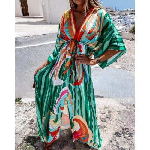 Summer Sexy V Neck Half Sleeve Waist Drawstring Tie-Up Button Print Split Asymmetrical Maxi Dress Femme vintage party vestido