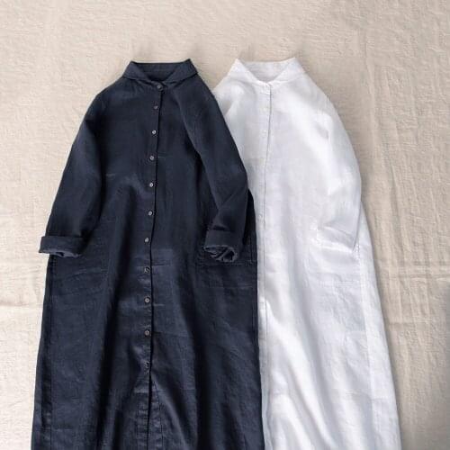 Pure linen Long Sleeve Shirt Dress Age reduction baby collar extended sunscreen cardigan 2021 spring and summer female 295