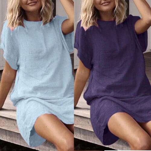 Women Dress Solid O Neck Short Sleeve Dressees for Women Sundress Summer Dress Casual Loose Mini Dress Femme Vestidos 7 colors