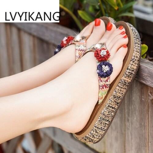 New Women Slippers Handmade Flowers Summer Casual Shoes Beach Slippers Non-slip Clip Foot Slides Women Flat Flip Flops
