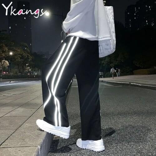 Reflective Casual Baggy Straight Pant Women Drawstring Harajuku Elastic High Waist Trousers Female Streetwear Vintage Sweatpants