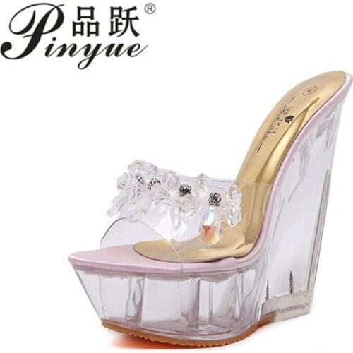 Summer high-heeled cool slippers transparent diamonds crystal shoes wedges metal high heels sandals women nightclub shoes