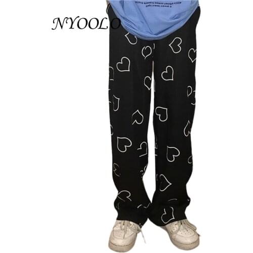 NYOOLO Harajuku Streetwear Love Pattern Elastic Waist Straight Pants Women Casual Full Length Black Trousers