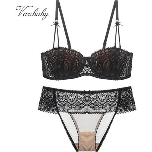 Varsbaby 2Pcs Women Sexy Half Cup Ultra-Thin Lace Bra+Panty Underwear Set