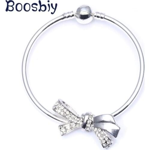 High Quality Crystal Bowknot Beads Charm Bracelet Fits Fashion Snake Chain Brand Bracelet Jewelry Gift For Women Kids