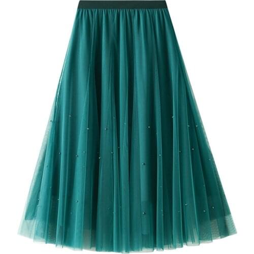 TIGENA Reversible Long Skirt for Women 2021 Autumn Winter Casual Solid Beading Tulle A Line High Waist Pleated Maxi Skirt Female