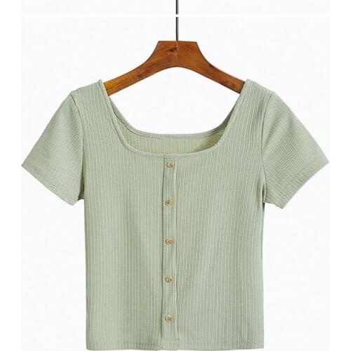 2019 Summer New Women Short Sleeve Square Collar Navel Short Tops T Shirt Casual Slim T shirt Blusas