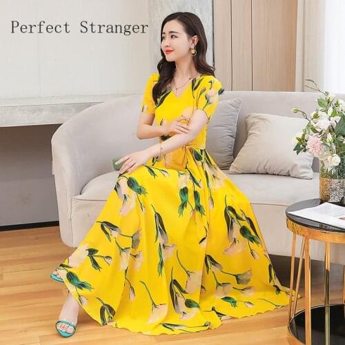 2020 Summer New Arrival Plus Size M-4XL Elegant V Collar Flower Printed Short Sleeve Women Chiffon Long Dress