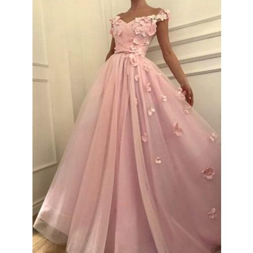 Pink Evening Dress Party Gowns Robe De Soiree Formal Prom Dresses Plunging 3D Flowers Beading Top Evening Gowns