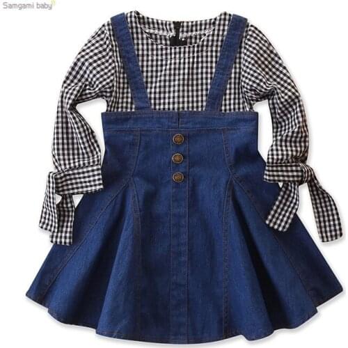 2020 baby trendy childrens clothing autumn girl plaid long-sleeved patchwork denim dress