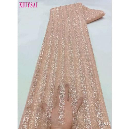 2021 Handmade Beads Lace Fabric Pink Colors Tulle Mesh Lace Fabrics French Beaded Lace for Nigeria Bridal Lace S1576