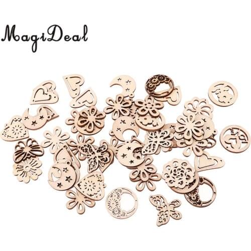 50Pcs Assorted Shapes Hollow Cut Natural Wood Shapes Wooden Embellishment Scrapbooking Craft DIY Wind Chimes Hanging Decorations