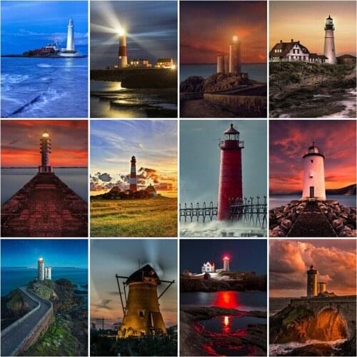 Full Round Drill Diamond Embroidery Lighthouse 5D DIY Diamond Painting Landscape Rhinestone Mosaic Sea Decor Home Gift