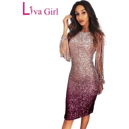 LIVA GIRL Glitter Ombre Sequin Evening Gown Women Tassel Sleeve Bodycon Party Midi Dress Sexy Female Night Club Sequin Dresses
