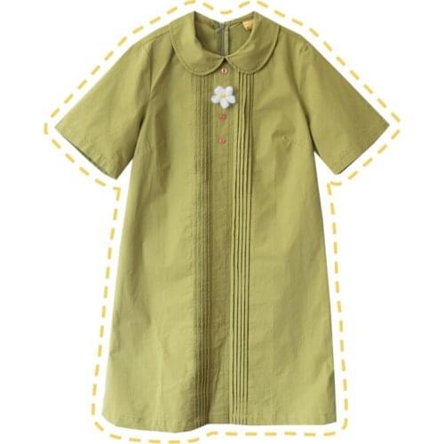 Flower Brooch Girls Short Sleeve Dress Green Mini Dress Peter Pan Collar Cute Women Pleated Dress