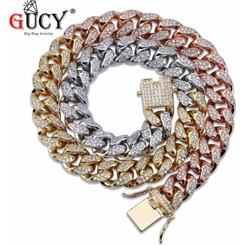 GUCY Hip Hop 14mm Cuban Chain Necklace Micro Pave Cubic Zircon Stones Tricolor Necklaces Gold Silver Color Mens Jewelry