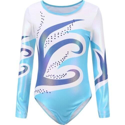 Children Girls Diamante Long Sleeve Ballet Practice Dance Wear Gymnastics Bright Color Body Suits Blue