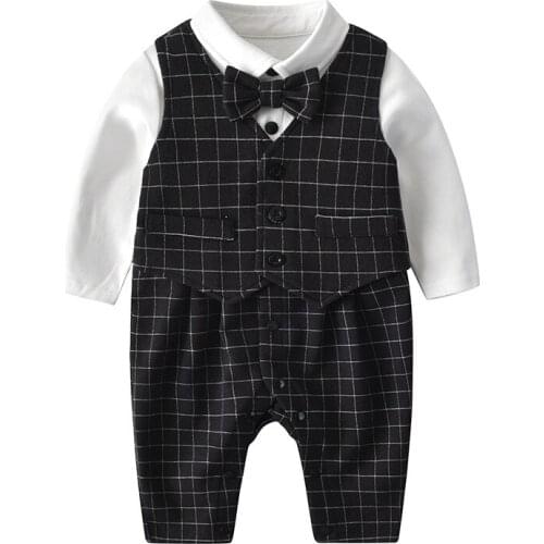Baby One-piece Suit Baby Clothes Gentleman Suit Vest Party Dress Plaid Jacket Long-sleeved One-piece Suit Baby Boy Clothes Set
