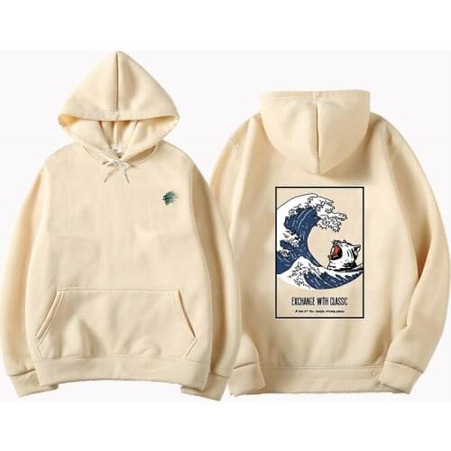 Japanese Printing Funny Cat Wave Printed Fleece Hoodies 2019 Winter Japan Style Hip Hop Casual Sweatshirts Streetwear