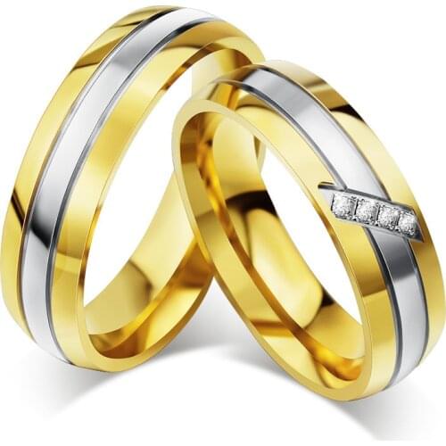 Gold Silver Color Stainless Steel Ring Cubic Zirconia Couple Wedding Ring Fashion Engagement Jewelry Quality Gift for Women Men