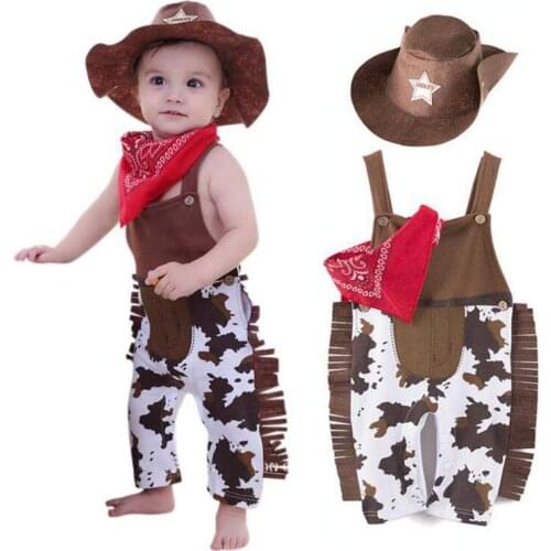 Newborn Baby Clothes Fashion Toddler Rompers With Hat and Suit Western Cowboy Bib Shoulder Boy Clothes 6 12 18 24 Months
