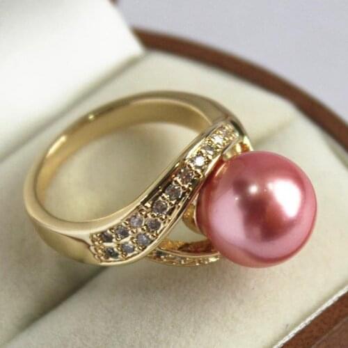 Beautiful ladys 18KGP with crystal decorated &12mm vermilion shell pearl ring(#7 8 9 10)