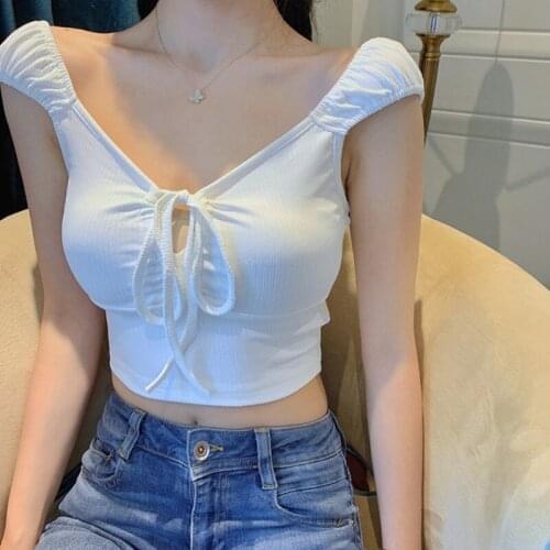 Summer Fashion T Shirts Pullovers Drawstring Ruched Tops Sexy V Neck Knitting Cropped Tank Top Short Sweatshirt Femme Crop Tops