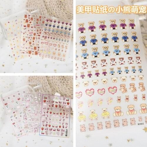 Fashion Hot Selling Thin Transparent Nail Stickers Carton Bears Cute Pets Hearts Back Glue Adhesive Dry Nail Decals Waterproof