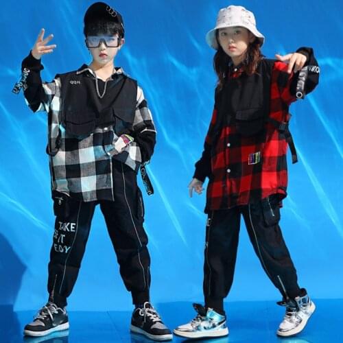 Fashion Hip Hop Clothing For Kids Long Sleeve Lattice Hiphop Pants Suit Boys Jazz Dance Costumes Girls Street Dance Wear DQS6663