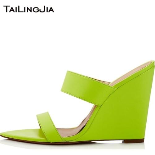 Neon Wedge Sandals Woman 2019 Summer Wedges Shoes for Women Ladies Gold High Heels Pointed Open Toe Pink Mules Footwear Fashion