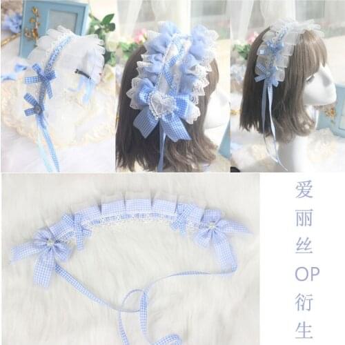 2021 new kawaii blue and white plaid hair accessory Rabbit Ear Alice Handmade Bow Hairband Hair Ribbon Bnt Hairpin Lolita
