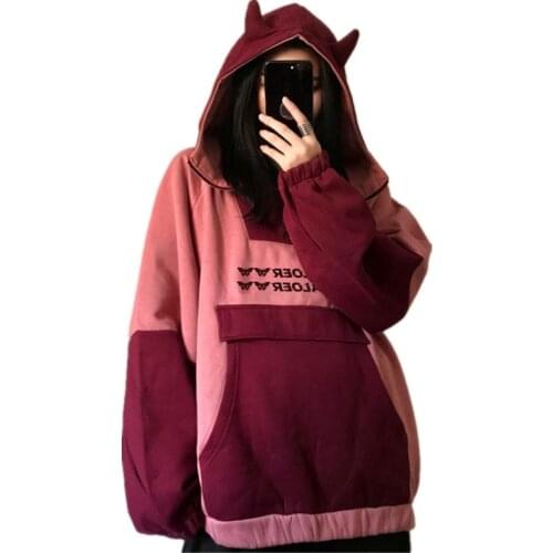 2020 Autumn Harajuku Devil Horns Hooded Sweatshirts Zip Up Neck Big Kangaroo Pocket Cute Hoodies Street Fashion Pullover Tops
