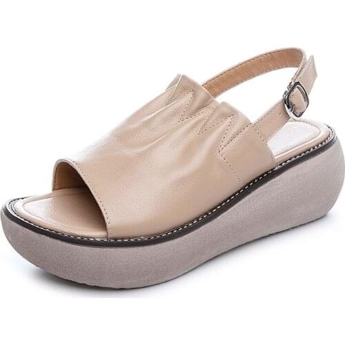 Female Fashion Handmade Sandals Summer Shoes for Women Genuine Cow Leather Open Toe Pleated Wedges Platform Casual Sandals Mujer