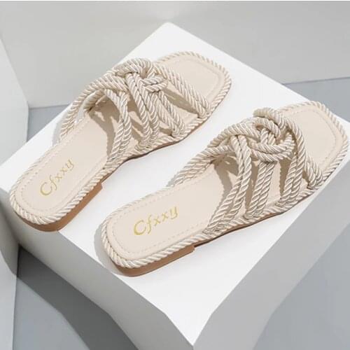 Women Slippers Personality Hemp Rope Upper Design Flat Sandals Women Casual Solid Color Square Toe Hollow Flat Heel Woman Shoes