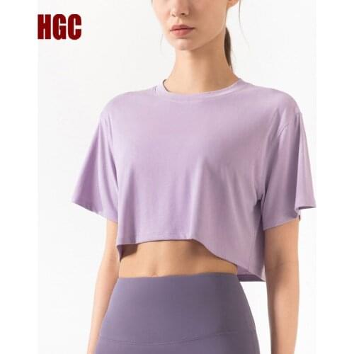 HGC Sports T-shirt Short Sleeve Gym Crop Top Fitness Women Loose Naked-feel Fabric Buttery-Soft Workout Slim Leisure Yoga Blouse