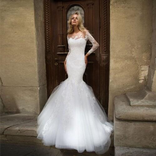 Scoop Neckline Applique Lace With Beading Tulle Mermaid Wedding Dress Long Sleeve Sweep Train Zipper Back Trumpet Bridal Gowns