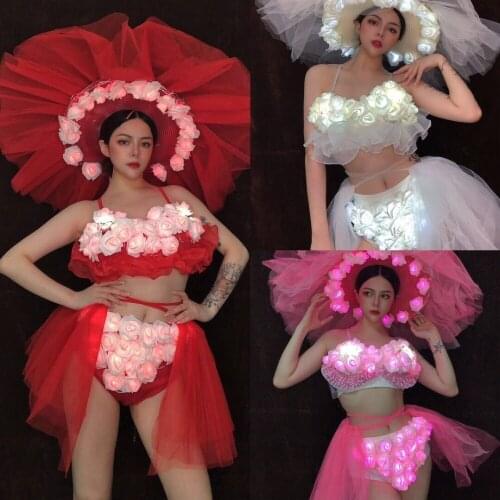 Glowing rose flower bikini bar gogo costume female ds nightclub light up valentines day big hat stage dance wear