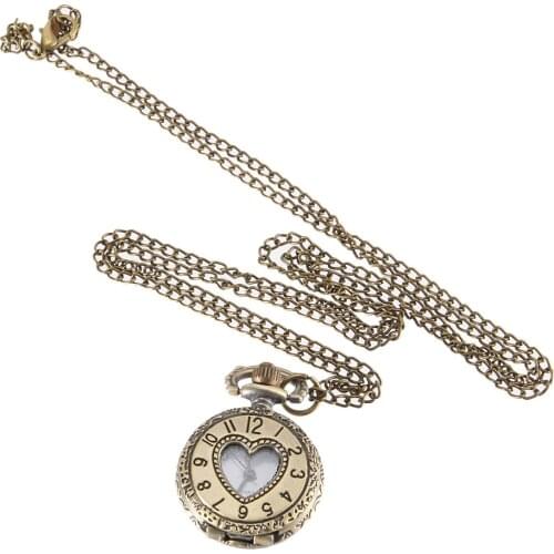 Vintage Pocket Watch Bronze Color Quartz Watch Cool Chain Hollow Small Love Heart Watches LXH