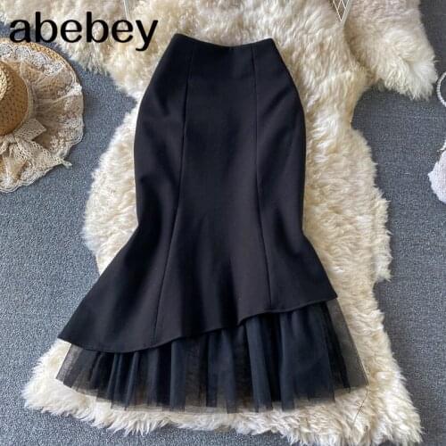 Women Korean Midi Long Skirt Spring Vintage Elastic High Waist Slim Ruffle All-match A Line Skirts 2021