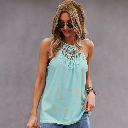 KHALEE YOSE Floral Printed Lace Tank Blouse Shirt 100% Cotton Summer Boho Holiday Women Halter Shirt Ethnic Ladies Shirt 2021
