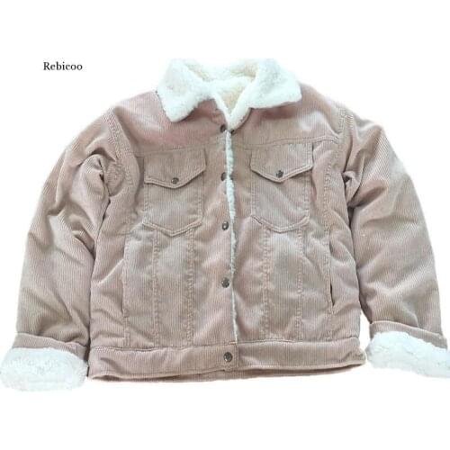 Women Winter Jacket Thick Fur Lined Coats Parkas Fashion Faux Fur Lining Corduroy Bomber Jackets Cute Outwear New