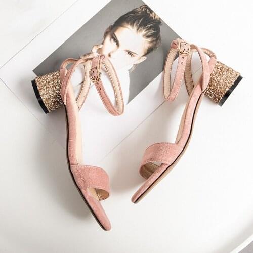YQBTDL Summer Bling Glitter Block Heels Womans Shoes Black Pink Suede Ankle Strap Cheap Ladies Sandals Chunky Heels Large Size