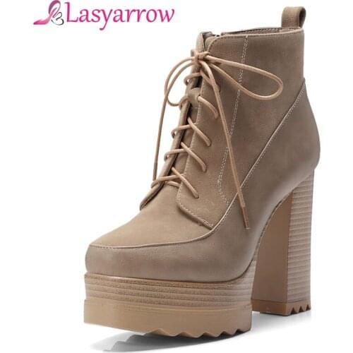 Lasyarrow Ankle Boots For Women Thick Heels 2018 New Autumn Platform Shoes High Heels Black Zipper Fashion Lace Up Ladies Boots