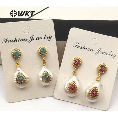 WT-ME069 WKT Natural Pearl & Cubic Zirconia Water Drop Shape Earrings Blue Pink Green Color CZ Women Fashion Pearl Earrings