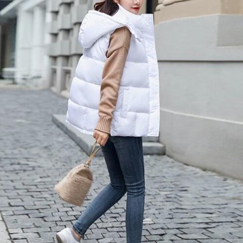 SURUFENG Autumn Winter Women Solid Loose Vest Buttons Zip Up Sleeveless Hooded Jacket Cotton Padded Women Windproof Warm